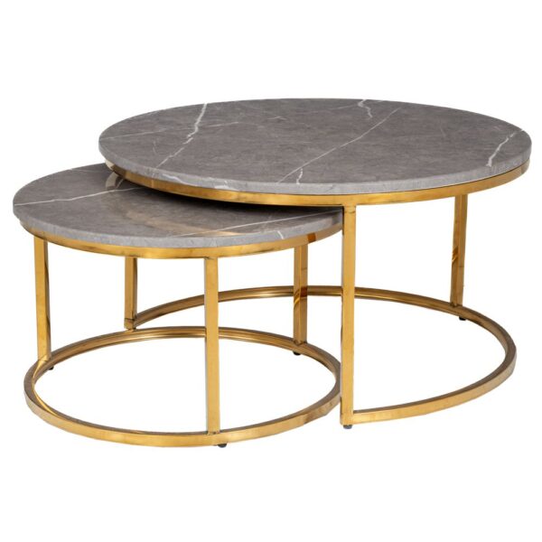 ΣΕΤ 2 ΧΡΥΣΟ ΜΕΤΑΛΛΙΚΟ ΣΤΡΟΓΓΥΛΟ ΤΡΑΠΕΖΙ ΜΕ ΓΚΡΙ ΕΠΙΦΑΝΕΙΑ ΜΕ ΕΦΕ ΜΑΡΜΑΡΟΥ Φ80Χ42