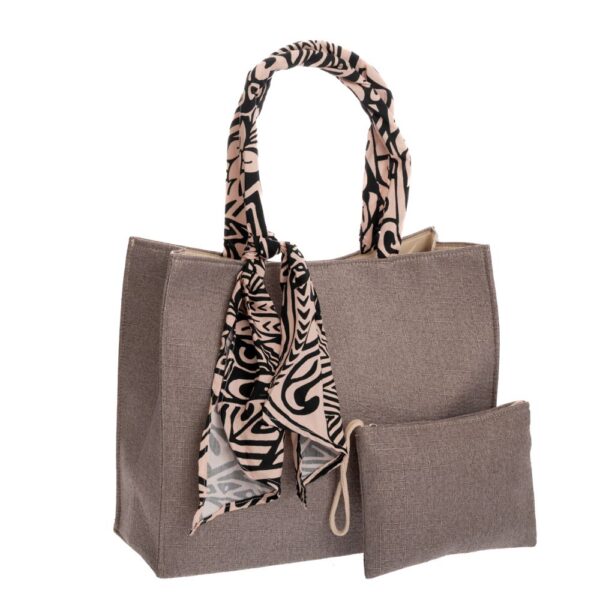 ΓΚΡΙ ΥΦΑΣΜΑΤΙΝΗ ΤΣΑΝΤΑ ΠΑΡΑΛΙΑΣ ΜΕ ΑΣΠΡΟΜΑΥΡΟ ΜΑΝΤΗΛΙ AND ΠΟΡΤΟΦΟΛΑΚΙ 40Χ15Χ33 23Χ16ΕΚ